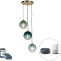 QAZQA Smart pendellampe messing inkl. 3 WiFi ST64 med blåt glas - Pallon