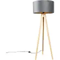 QAZQA Gulvlampe træ med grå stofskærm 50 cm - Tripod Classic