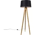 QAZQA Rustik trebenet vintage træ med linnedskærm sort 45 cm - Tripod Classic
