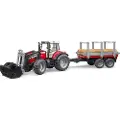 BRUDER Massey Ferguson 7480 tractor with frontloader and timber trailer toy