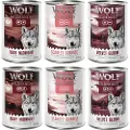 Wolf of Wilderness SÆRPRIS! Wolf of Wilderness blandede pakker - 6 x 400 g (Red Meat dåse): 2x Ruby Midnight, 2x Velvet Gloom, 2x Scarlet Sunrise
