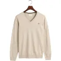 Gant Ganttil mænd. 8030562 Klassisk beige bomuldspullover med V-udskæring (XXL), Casual, Lange ærmer
