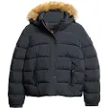 Superdry Superdrytil kvinder. W5011569A Kort quiltet jakke med hætte og navyfarvet imiteret pelskant (XXS), Casual, Polyester, Bæredygtig, Blå