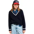Gant Ganttil kvinder. 4805265 Meget fin fåreuldstrøje med kontrastfarvet navy V-hals-krave (S), Casual, Bomuld, Klassisk, Blå