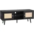 Vevor Rattan TV-bord, Boho TV-skab til 55 tommer TV, Mid Century Modern TV-bord, Rattan TV-konsol med justerbare hylder til stue, medierum, sort