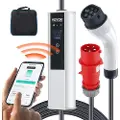 Vevor Bærbar elbiloplader Type 2, 32A 7,36 kW/22 kW, Elbiloplader med 7,5 m ladekabel CEE 32-stik LCD, IEC 62196 Hjemmeladestation til elbiler med bæretaske, opladningskabelkrog, IP66