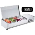 Vevor Kølet krydderistation, 140 W bordpladekølet krydderistation, med 2 1/3 pander og 4 1/6 pander, 304 rustfrit stål kabinet og PC låg, sandwichbord med rustfri stålskærm, CE
