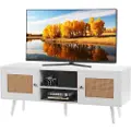 Vevor TV-bord i rattan, boho TV-skab til 55 tommer TV, midcentury modern TV-bord, TV-konsol i rattan med justerbare hylder til stue, medierum, hvid