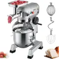 Vevor Professionel Standmixer, 20Lt Rustfri Stålskål, 1100W 2-i-1 Multifunktionel Elektrisk Foodmixer med Kødhakker og 3 Hastighed, Dejkrog, Piskeris Inkluderet, Perfekt til Bageri og Pizzeria