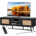 Vevor TV-bord i rotting til 65 tommer TV, Boho TV-bord med rottingdør, underholdningscenter med indbygget stikkontakt og USB-porte, moderne TV-konsol til stue, medierum, sort