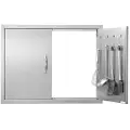 Vevor BBQ-adgangsdør, 787x609 mm dobbelt udendørs køkkendør, rustfri ståldør med planmontering, dobbeltvæg vertikal dør med håndtag og kroge, til grillø, grillstation, udendørsskab