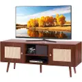 Vevor TV-bord i rattan, boho TV-skab til 55 tommer TV, midcentury modern TV-bord, TV-konsol i rattan med justerbare hylder til stue, medierum, valnød