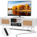 Vevor TV-bord i rotting til 65 tommer TV, Boho TV-bord med rottingdør, underholdningscenter med indbygget stikkontakt og USB-porte, moderne TV-konsol til stue, medierum, hvid