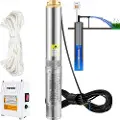 Vevor Dykpumpe til dyb brønd, 1100W 230V/50Hz, 190L/min 57 m tryk, med 20 m ledning og ekstern kontrolboks, 10,2 cm vandpumper i rustfrit stål til industriel, kunstvanding og hjemmebrug, IP68 vandtæt