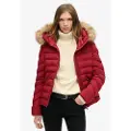 Superdry Superdrytil kvinder. W5011754A Vatteret jakke i imiteret pels med hætte Fuji-rød (S), Casual, Genanvendt polister, Bæredygtig