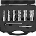 Vevor ringformet skæresæt, 6 stk Weldon Shank Mag-bor, 1" skæredybde, 1/2" til 1-1/16" skærediameter, M2AL højhastighedsstål, med pilotstift og bærbar kasse, til brug med magnetiske bor