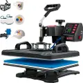 Vevor Heat Press, 5 i 1 Heat Press Machine Machine 12x15, Clamshell Sublimation Transfer Printer Hurtig opvarmning, Digital Præcis Temperaturkontrol, Vinyl Heat Press til T-Shirt Plade Krus Cup, 1250W