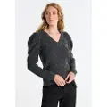 LOIS Jeans Lois Jeanstil kvinder. 452932527 Pullover med V-hals og pufærmer, sort (M), Casual, Akryl, Lange ærmer