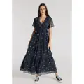 LOIS Jeans Lois Jeanstil kvinder. 448342705 Kortærmet midikjole med elastik ved brystet og navyfarvet blomsterprint (XS), Casual, Polyester, Korte ærme