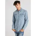 LOIS Jeans Lois Jeanstil mænd. 144963313 Denimskjorte vasket dobbelt sten langærmet blå (XXL), Casual, Bomuld, Lange ærmer