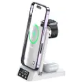 Mtp Products A60 4-i-1 15W trådløs oplader sammenklappelig mobiloplader Headset Smart Watch-opladerstation med ur (til Apple Watch-version) - hvid