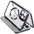Mtp Products Kompatibel med MagSafe-etui til iPhone 15 Pro magnetisk metalramme + dobbeltsidet telefoncover i hærdet glas med spændelås - lilla
