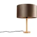 QAZQA Bordlampe træ med fløjlsskærm taupe 35 cm - Mels