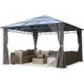 TOOLPORT 4x4m, hardtop havepavillon, inkl. 4 sidegardiner, loft grå