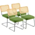 Vevor Rattanstole, sæt med 4, Mid Century Modern spisestuestol, polstret fløjlsstol med rattanryg, retro spisestuekøkkenstol til stue, soveværelse, læsestue, kontor, grøn