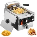 Vevor Kommerciel Frituregryde, 1750W Elektrisk Bordpladefrituregryde med Kurv, 9Qt /8,5 L Enkelt Oliefrituse, 1 mm Fortykket Rustfrit Stål, Tids- og Temperaturkontrol, Til Køkkenrestaurantbrug, Sølv