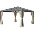 PRIMEYARD 4x4m, hardtop havepavillon, inkl. 4 sidegardiner, champagnefarvet