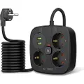 Tech-Protect PCS3X4 Stikdåse - 3 AC-udtag, 2 USB-A- og 2 USB-C-porte, 2m kabel - Sort