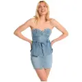 LOIS Jeans Lois Jeanstil kvinder. 448012610 Korsetkort denimkjole med off the shoulder og blå flæser (L), Casual, Bomuld, Polyester, Uden ærmer/stroppe