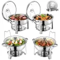 Vevor Varmeplade Buffetsæt, 5 Qt 4-pak, Varmeplade i rustfrit stål med 4 pander i fuld størrelse, rund cateringvarmer med glaslåg, vandbakke, foldbar stativ, brændstofholder, til bryllupsfest, banket