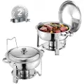 Vevor Varmeplade Buffetsæt, 5 l 2-pak, Varmeplade i rustfrit stål med 2 pander i fuld størrelse, rund cateringvarmer med låg, vandbakke, foldbar stativklemme, til bryllupper, fester, banketter, sølv