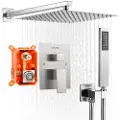 Vevor Brusebatterisæt, regnbrusersystem til badeværelse med 10-tommer (25,4 cm) firkantet regnbruserhoved og håndbruser, vægmonterede badekararmaturer med messingventil og pyntsæt, børstet nikkel