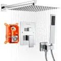 Vevor Brusebatterisæt, regnbrusersystem til badeværelse med 12-tommer (30,5 cm) firkantet regnbruserhoved og håndbruser, vægmonterede badekararmaturer med messingventil og pyntsæt, sølvkrom