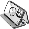 Mtp Products Kompatibel med MagSafe-etui til iPhone 15 Pro magnetisk metalramme + dobbeltsidet telefoncover i hærdet glas med spændelås - sort