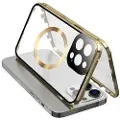 Mtp Products Kompatibel med MagSafe-etui til iPhone 15 Pro Magnetisk metalramme + dobbeltsidet telefoncover i hærdet glas med spændelås - Guld