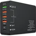 Mtp Products 6-Port Hurtig Oplader med USB-C PD & QC3.0 - 65W - Sort