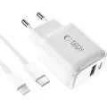 Tech-Protect NCA20 Dual-Port PD 20W/QC3.0-oplader med Lightning-kabel - hvid