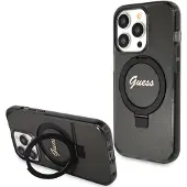 GUESS Ring Stand Script Glitter MagSafe-etui til iPhone 15 Pro Max - sort