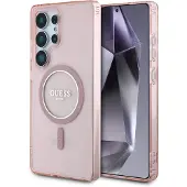 GUESS Glitter Circle Classic Logo MagSafe-etui til Samsung Galaxy S25 Ultra – lyserød