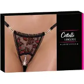 Cottelli Sort G-streng med Blonder, Sten & Perler