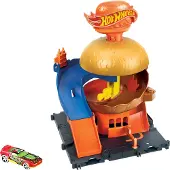 Hot Wheels City Burger Drive-Thru Banesæt med 1:64-skala køretøj og forbindelsesstykker