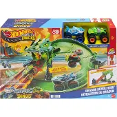 Hot Wheels Monster Trucks Sharks vs Dinos Dragon Destruction legesæt og 2 legetøjslastbiler