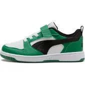 Puma Rebound V6 Lo Kids' Sneakers, Shoes, White/Black/Archive Green, 32.5