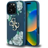 GUESS Grained Roses Big 4G-logotaske til iPhone 16 Pro - blå