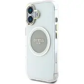GUESS IML metalfarvet cirkel Classic Logo MagSafe-etui til iPhone 16 - grå