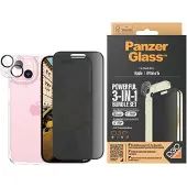 PanzerGlass - 3-i-1 Pack - skærm/objektiv/rygbeskyttersæt for mobiltelefon - glas - med fortrolighedsfilter - rammefarve sort - for Apple iPhone 15